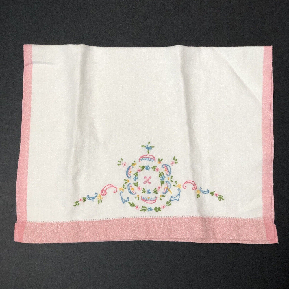 Vintage Tea Towel Set Monogram H K X Embroidered Tiny Flowers Pink Blue - Picture 10 of 16